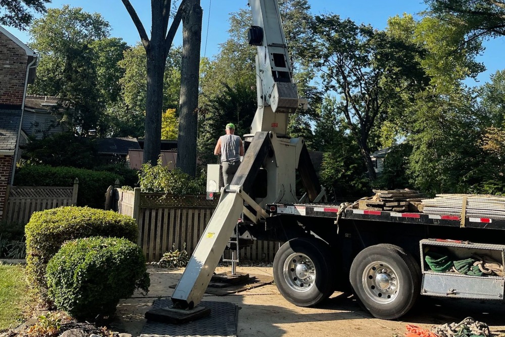 A professional crane truck with extended boom positioned in a residential driveway during a tree removal project, with a worker operating the equipment near landscaped shrubs and neighboring homes visible in the background.