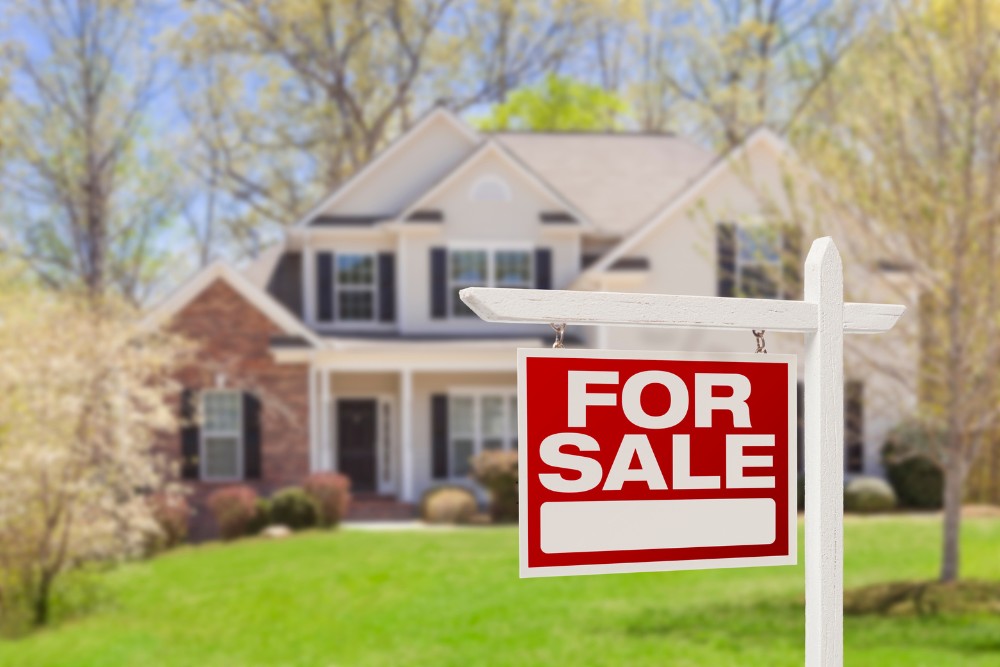 A red and white "For Sale" sign in front of a two-story home with a manicured front yard and flowering trees in early spring.