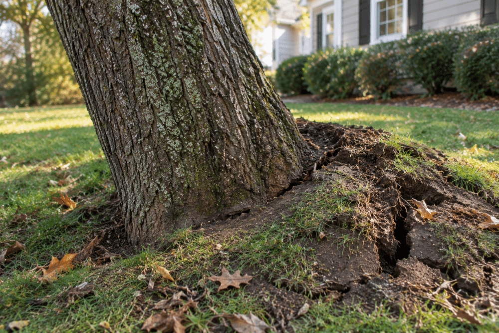 Cracked soil near a leaning tree is a sign to call an arborist today rather than wait. Base of a leaning tree with cracked, heaved soil on the side opposite the lean.