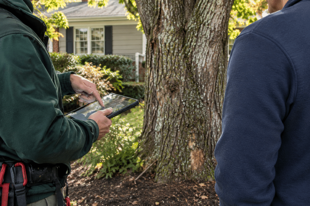An on-site visit confirms how urgent the tree is and which approvals to check first. ISA certified arborist reviewing a large tree with a homeowner in a front yard before planning a removal estimate.