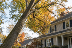 Mature tree leaning toward a Northern Virginia home in fall, with an arborist assessing when to cut down the tree.